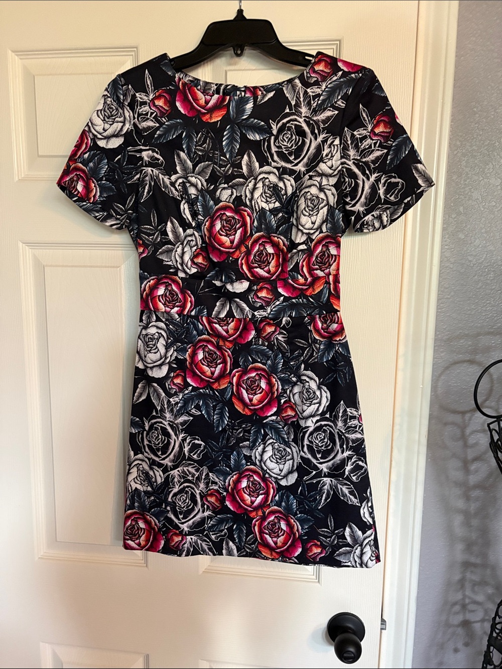 French Connection Navy Mini Dress with Black & White with Rose Print